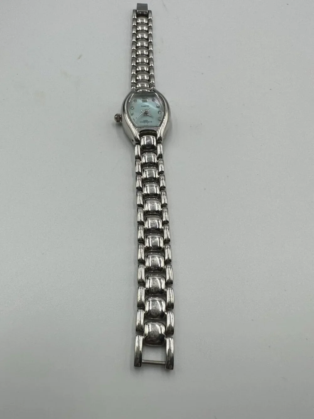 3/$30 LA Express Watch Women Silver Tone Blue Mother Of Pearl Dial 6.5